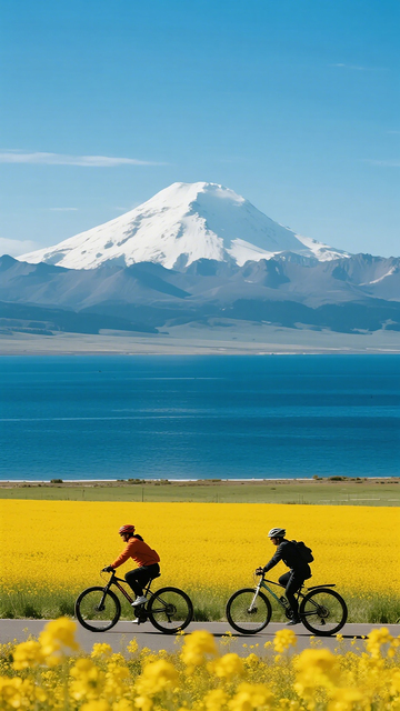 雪山湖畔骑行风光
