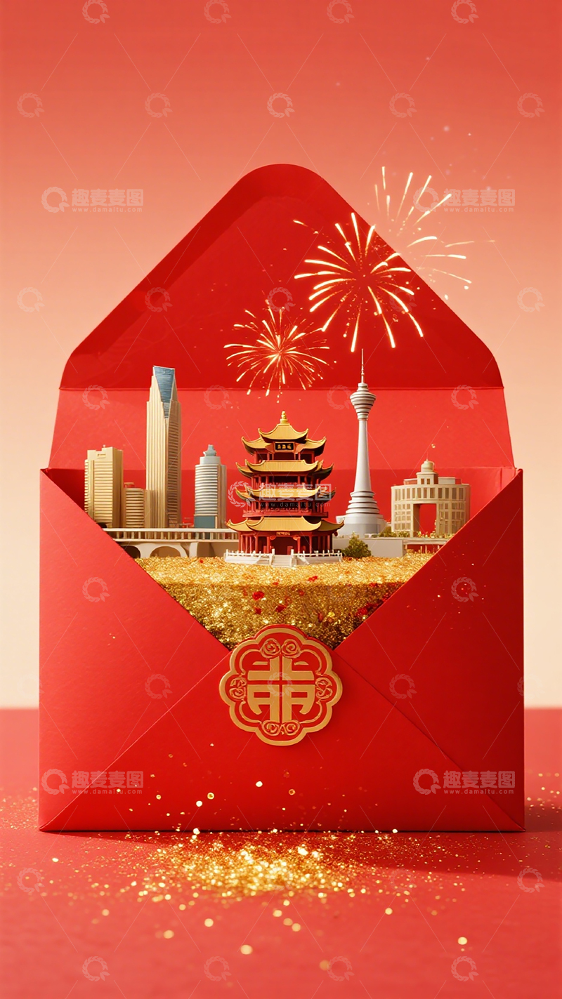高清大图下载【趣麦麦图】红色新年红包城市风景剪纸