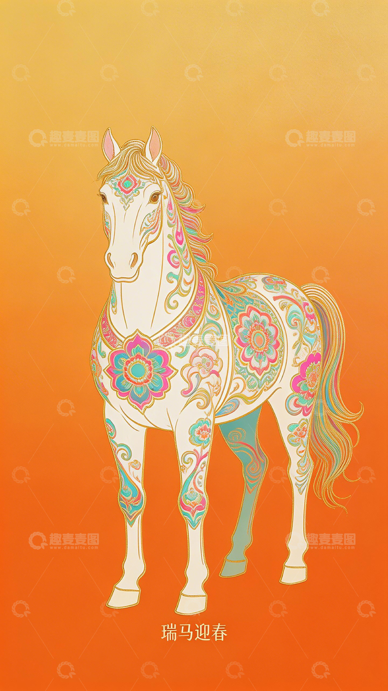 高清大图下载【趣麦麦图】瑞马迎春插画设计