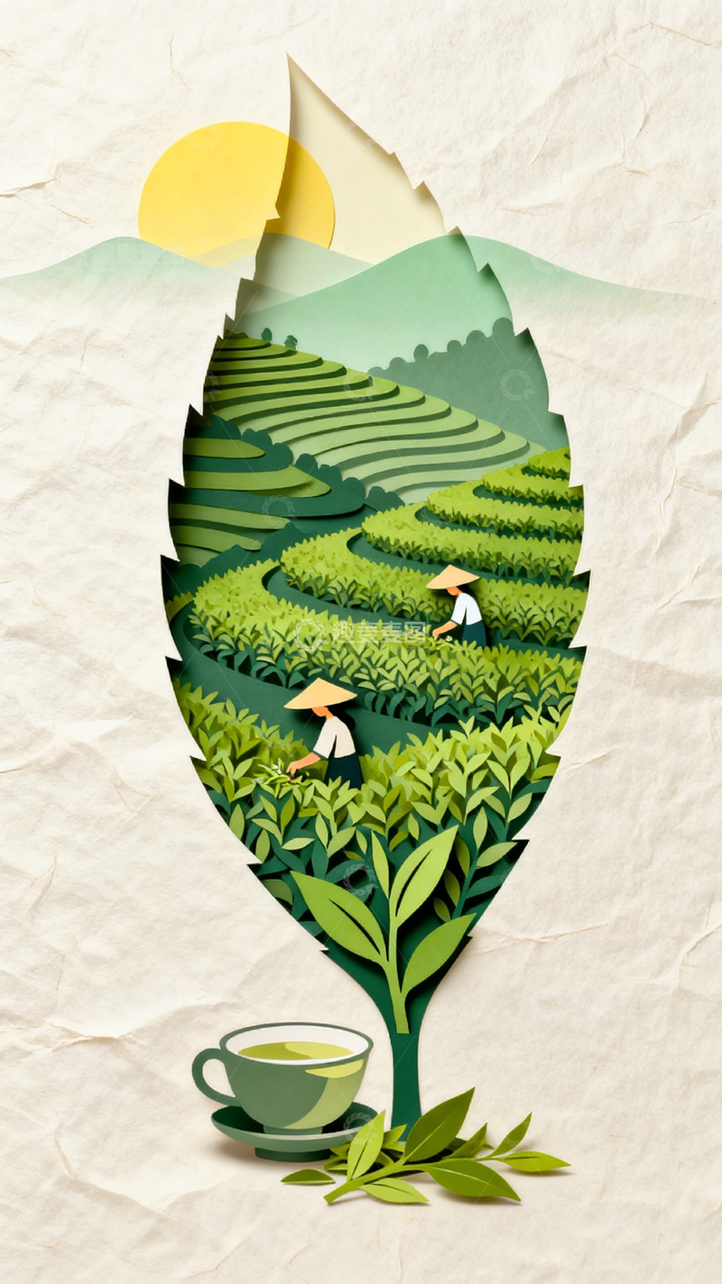 高清大图下载【趣麦麦图】剪纸风茶园风光艺术插画