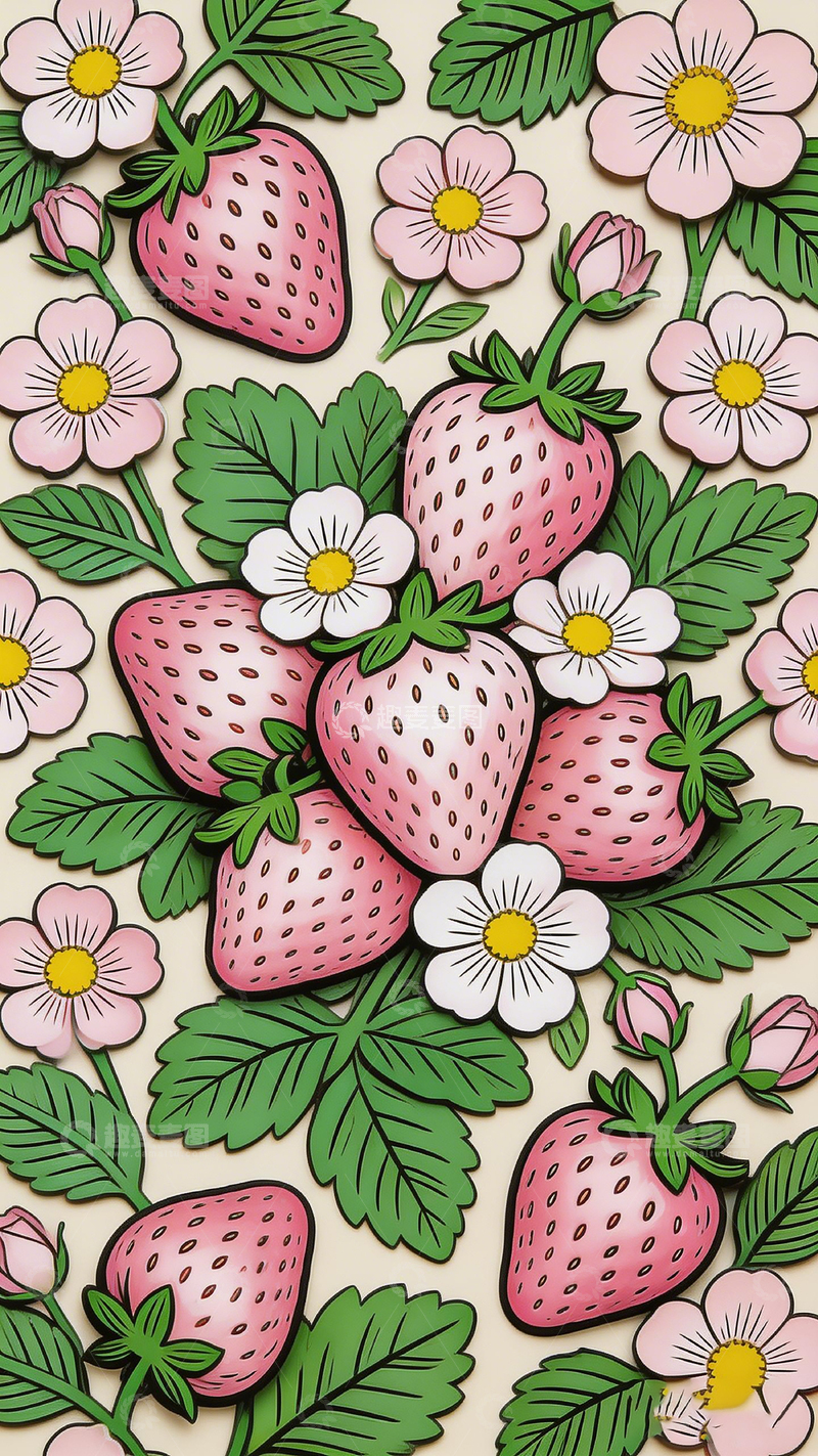 高清大图下载【趣麦麦图】草莓花朵卡通插画壁纸