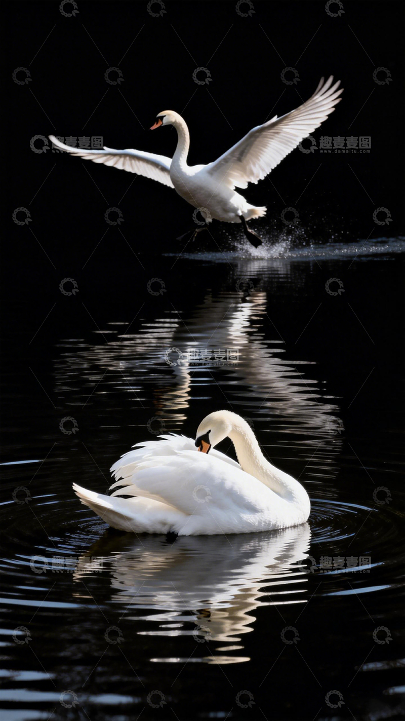 高清大图下载【趣麦麦图】黑背景天鹅飞翔与游动摄影