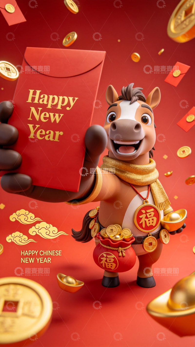 高清大图下载【趣麦麦图】喜庆新年马儿送福图