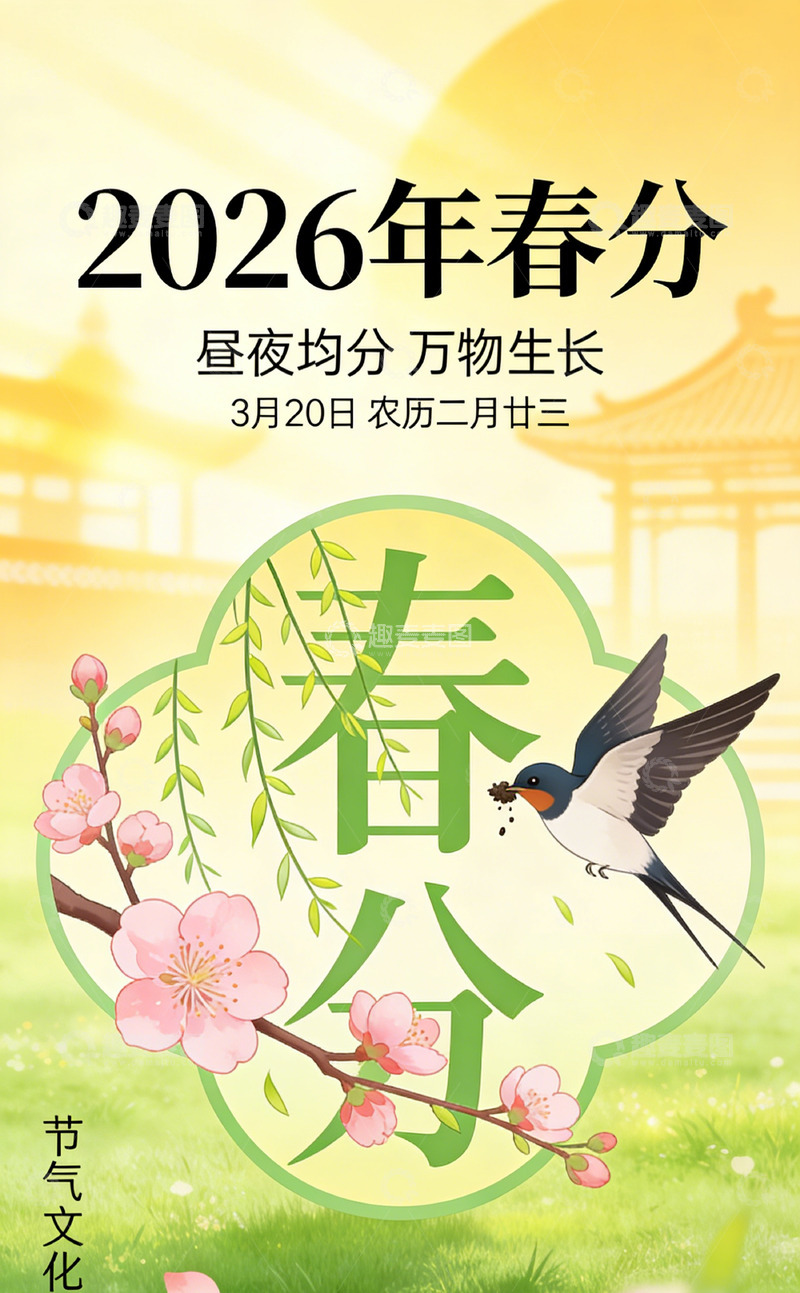 高清大图下载【趣麦麦图】2026年春分节气海报设计