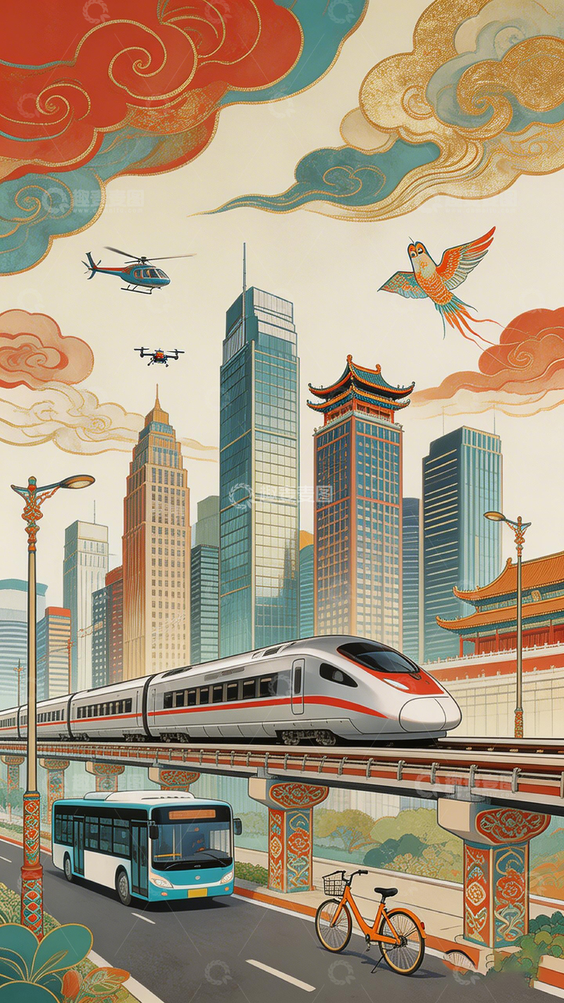 高清大图下载【趣麦麦图】未来城市高铁公交插画