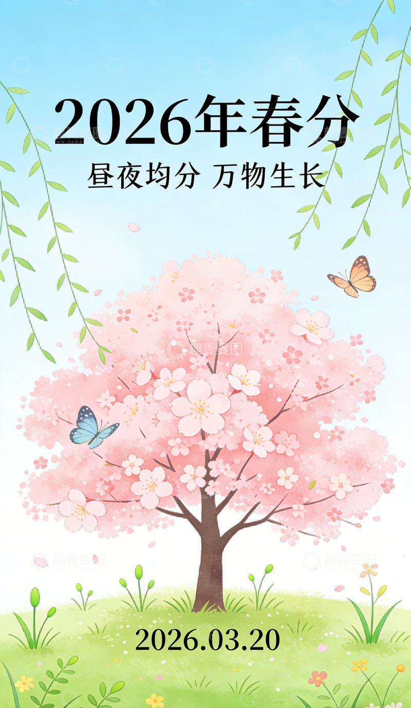 高清大图下载【趣麦麦图】春分樱花蝶舞海报