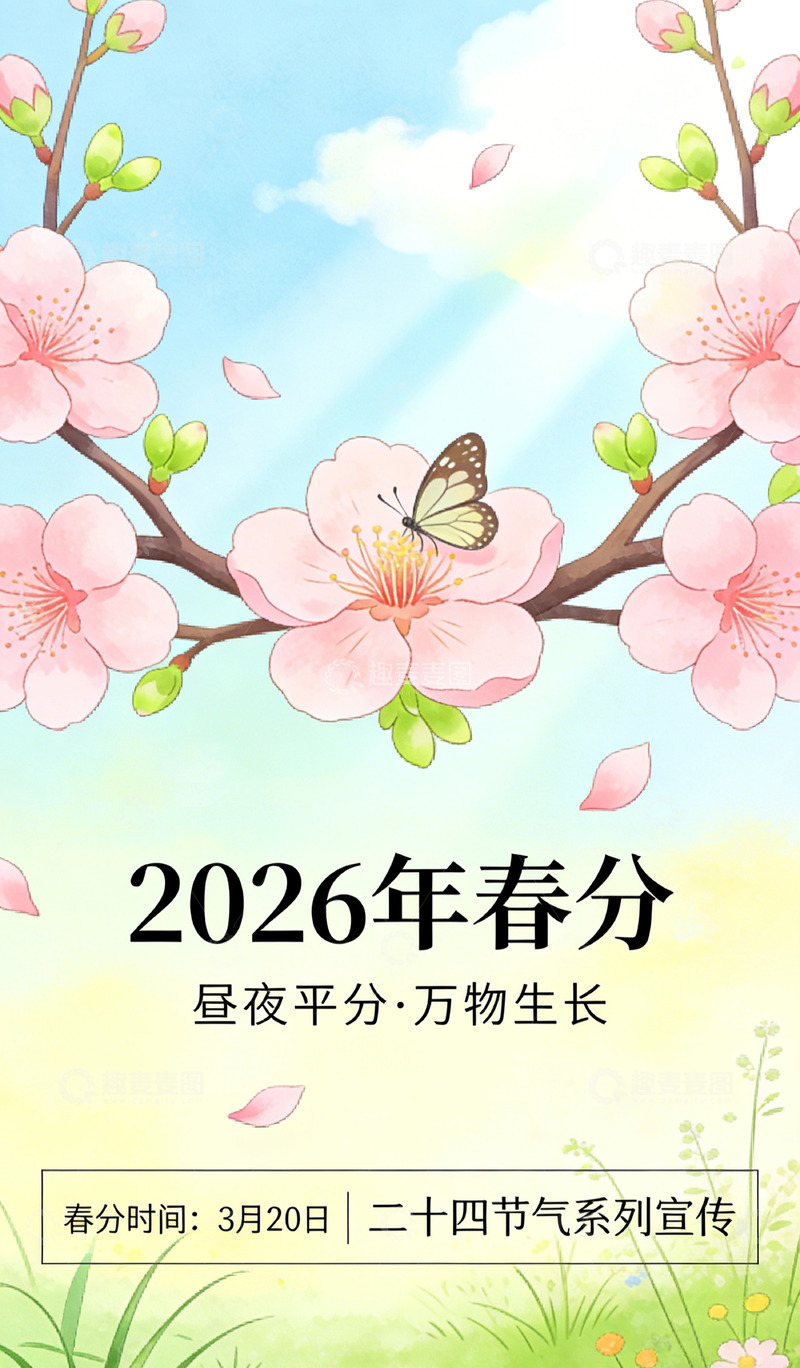 高清大图下载【趣麦麦图】春分樱花蝴蝶插画宣传