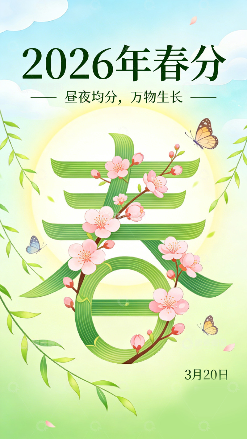 高清大图下载【趣麦麦图】春分节气海报樱花蝴蝶设计素材