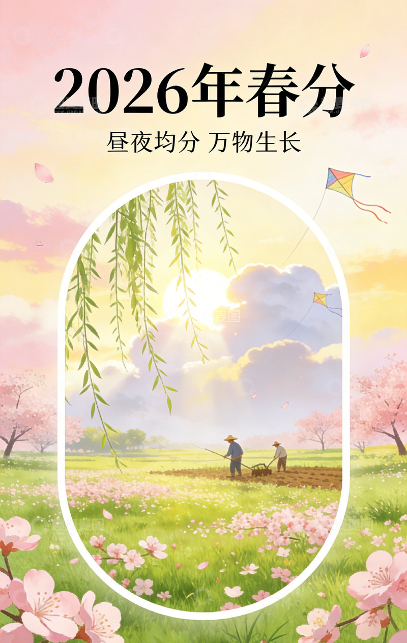 高清大图下载【趣麦麦图】春分田园风光插画海报