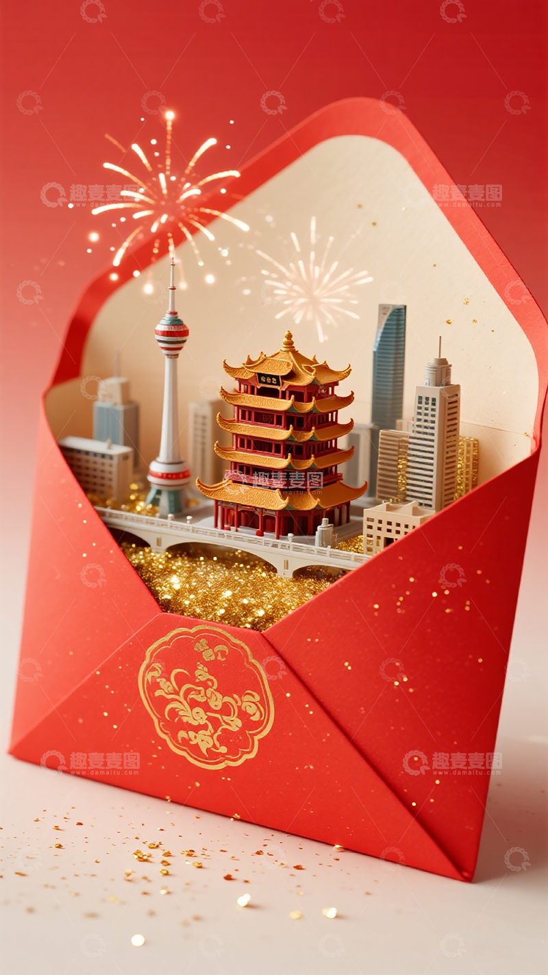 高清大图下载【趣麦麦图】新年贺卡中国城市建筑烟花场景