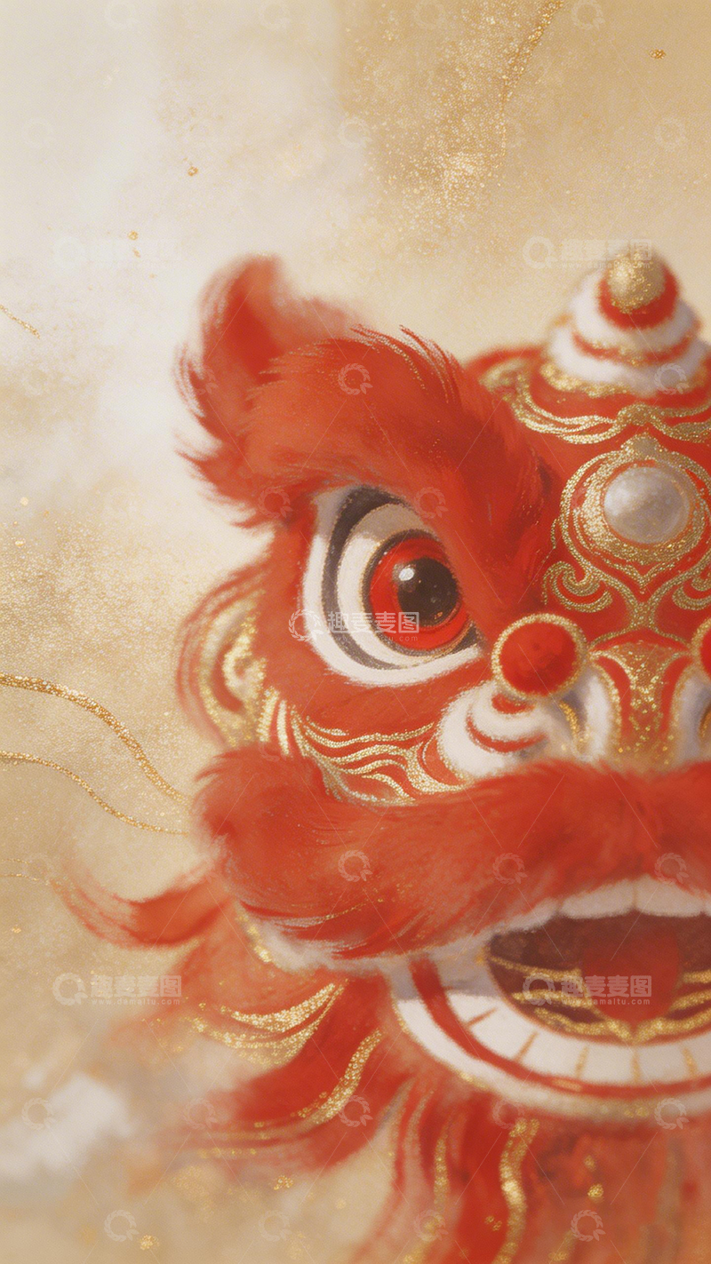 高清大图下载【趣麦麦图】传统中国红狮舞装饰图案