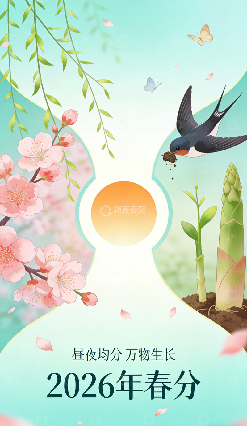 高清大图下载【趣麦麦图】春分时节燕子飞花插画