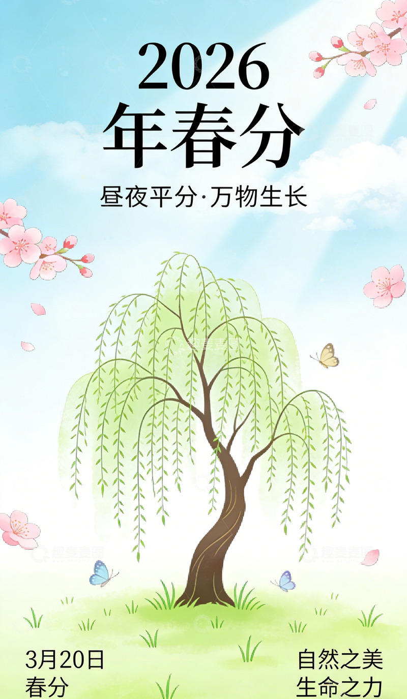 高清大图下载【趣麦麦图】2026年春分插画海报