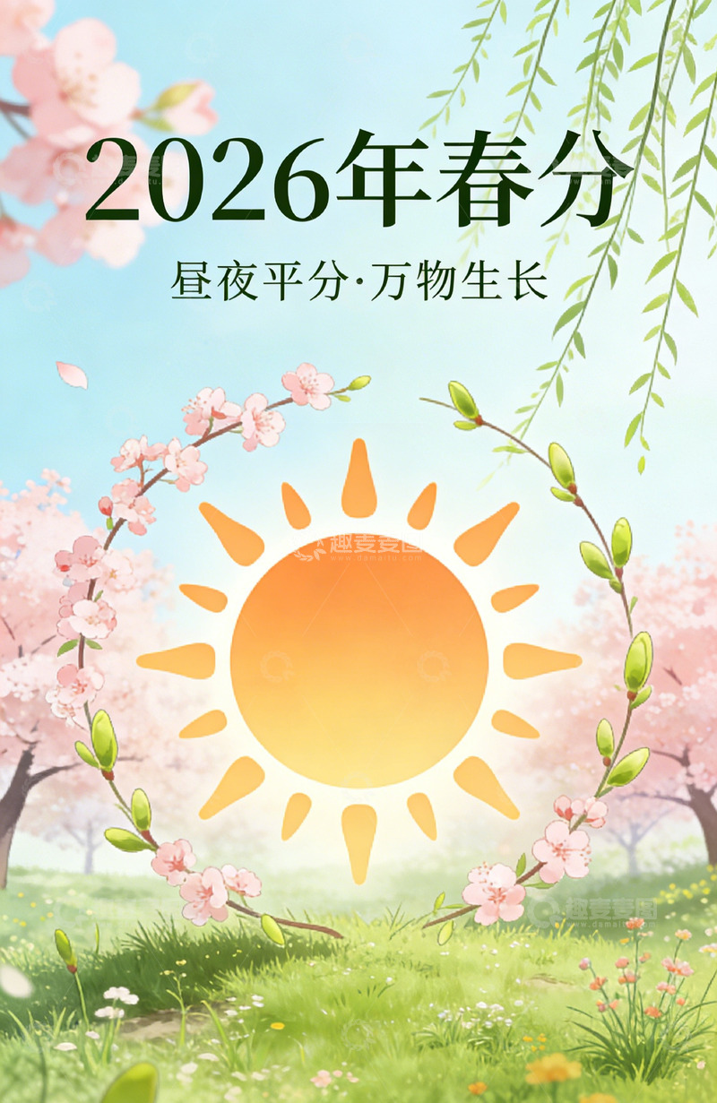 高清大图下载【趣麦麦图】春分樱花太阳插画海报
