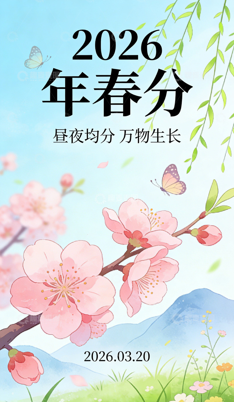 高清大图下载【趣麦麦图】春分花开山水插画