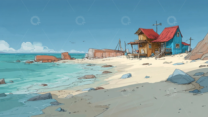 高清大图下载【趣麦麦图】海风吹拂下的孤独木屋