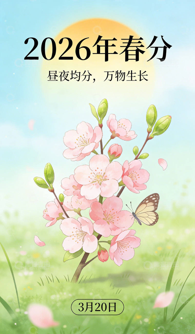 高清大图下载【趣麦麦图】春分樱花蝴蝶插画