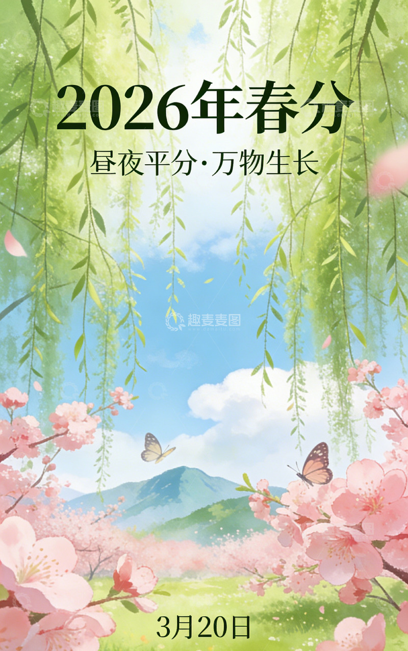 高清大图下载【趣麦麦图】春分插画山水花蝶