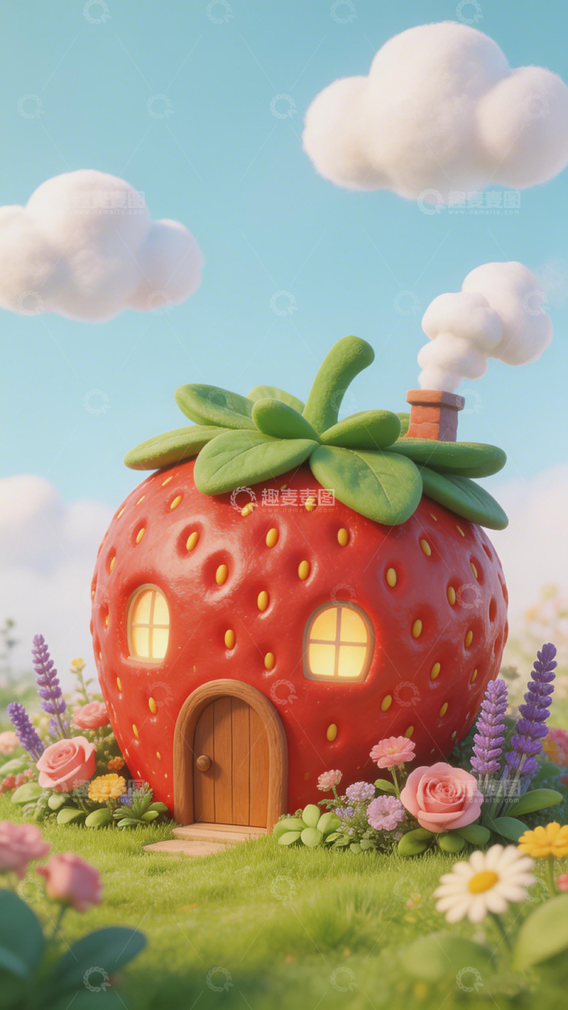 高清大图下载【趣麦麦图】草莓屋卡通梦幻插画