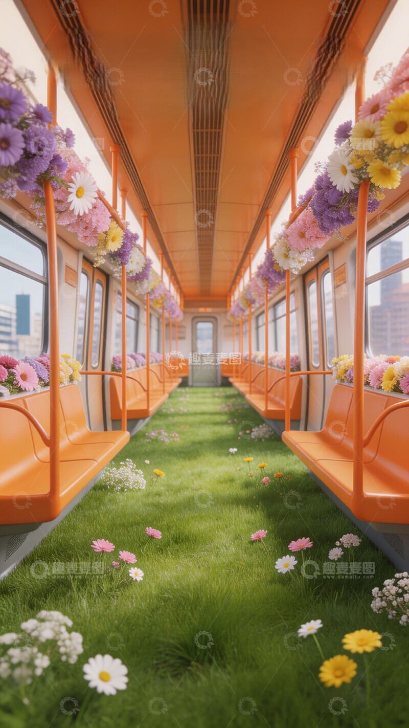 高清大图下载【趣麦麦图】鲜花地铁车厢创意装饰