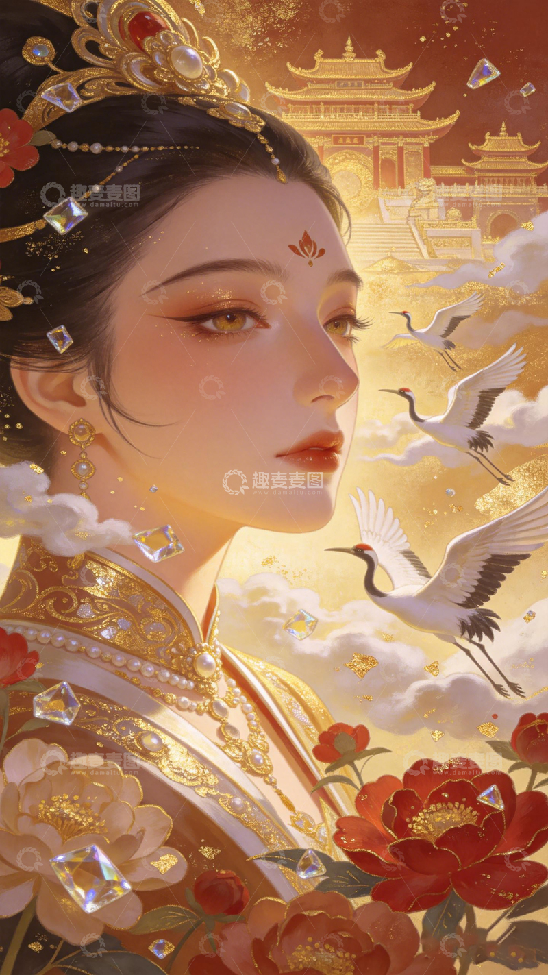 高清大图下载【趣麦麦图】古风华丽女子宫殿仙鹤装饰画