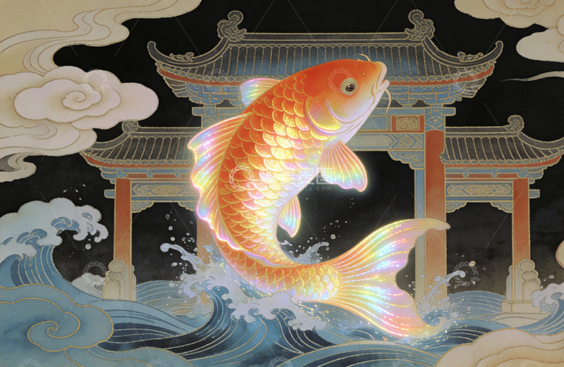 高清大图下载【趣麦麦图】东方锦鲤跃海浪古风插画