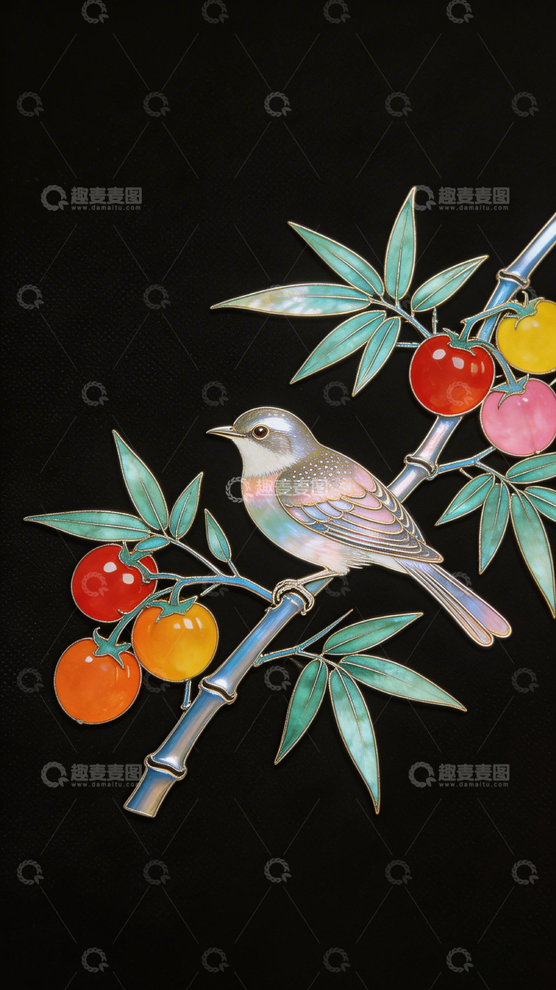 高清大图下载【趣麦麦图】金属工艺花鸟柿子装饰画