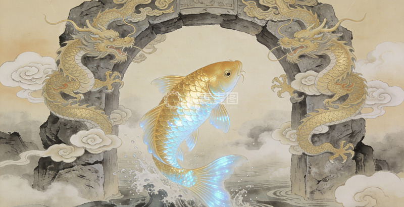 高清大图下载【趣麦麦图】东方神话鱼跃龙门图