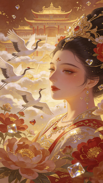 古风华丽仕女仙鹤牡丹图