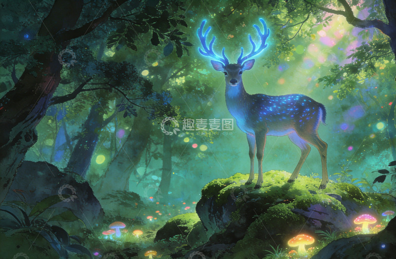 高清大图下载【趣麦麦图】梦幻森林蓝光鹿奇幻插画
