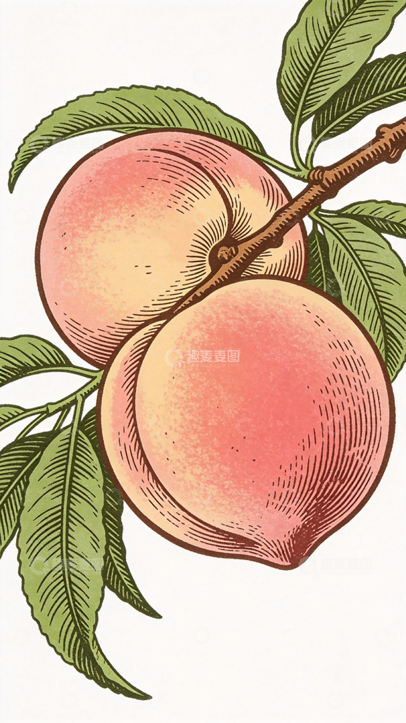 高清大图下载【趣麦麦图】复古插画风桃子叶枝图案设计素材