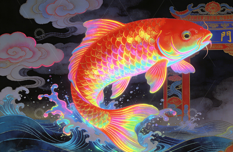 高清大图下载【趣麦麦图】幻想风格锦鲤跃海图