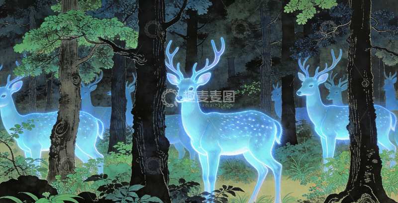 高清大图下载【趣麦麦图】森林蓝光鹿梦幻插画