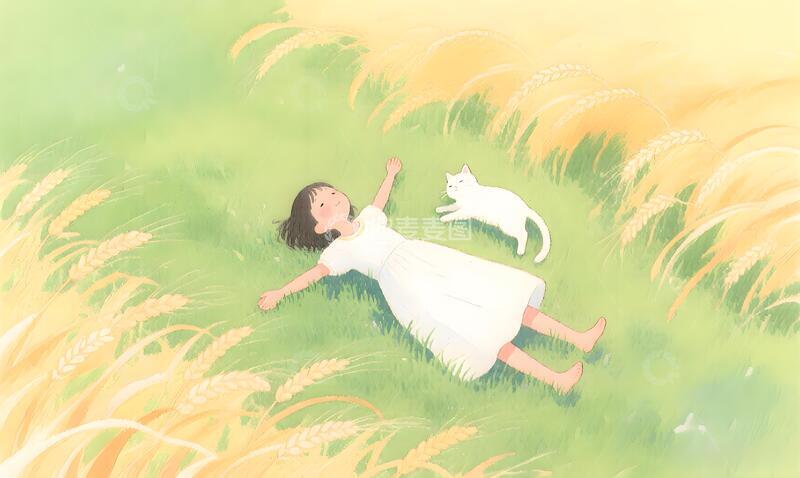 高清大图下载【趣麦麦图】田园风少女与猫唯美治愈插画