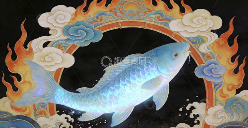 高清大图下载【趣麦麦图】东方神话鱼跃火焰图