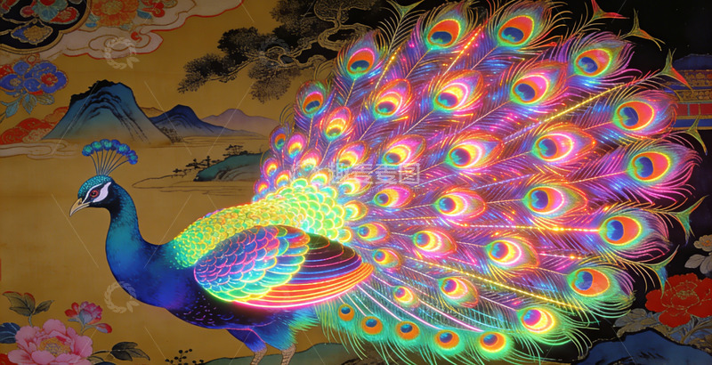 高清大图下载【趣麦麦图】炫丽孔雀传统山水画背景装饰画