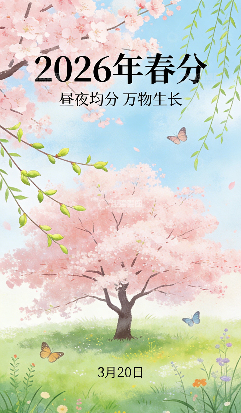 高清大图下载【趣麦麦图】春分樱花蝴蝶手绘插画