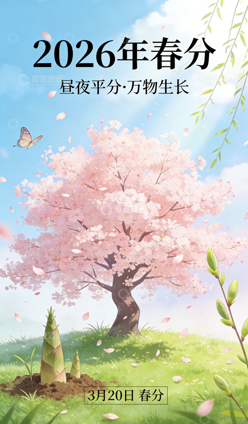 高清大图下载【趣麦麦图】春分樱花插画海报