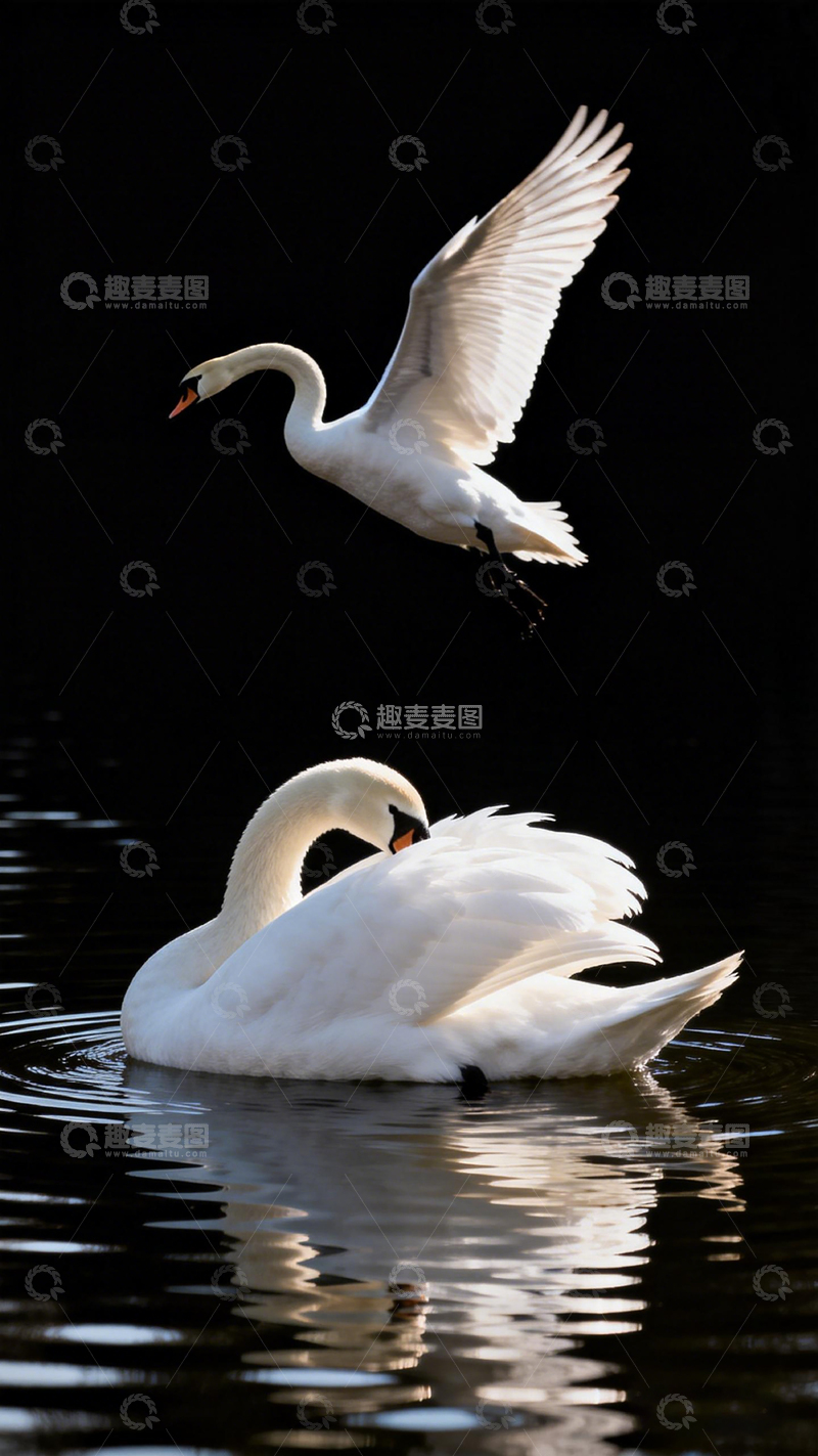 高清大图下载【趣麦麦图】黑背景天鹅飞翔水面