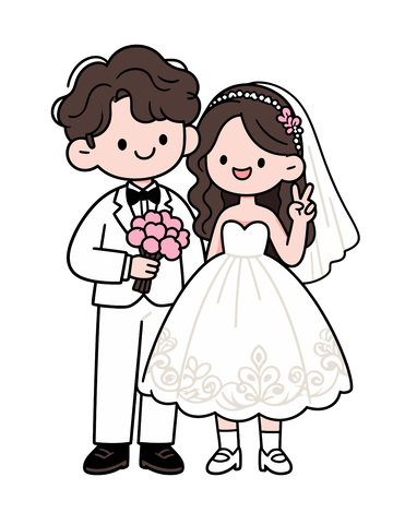 卡通婚礼新人插画设计素材白色婚纱