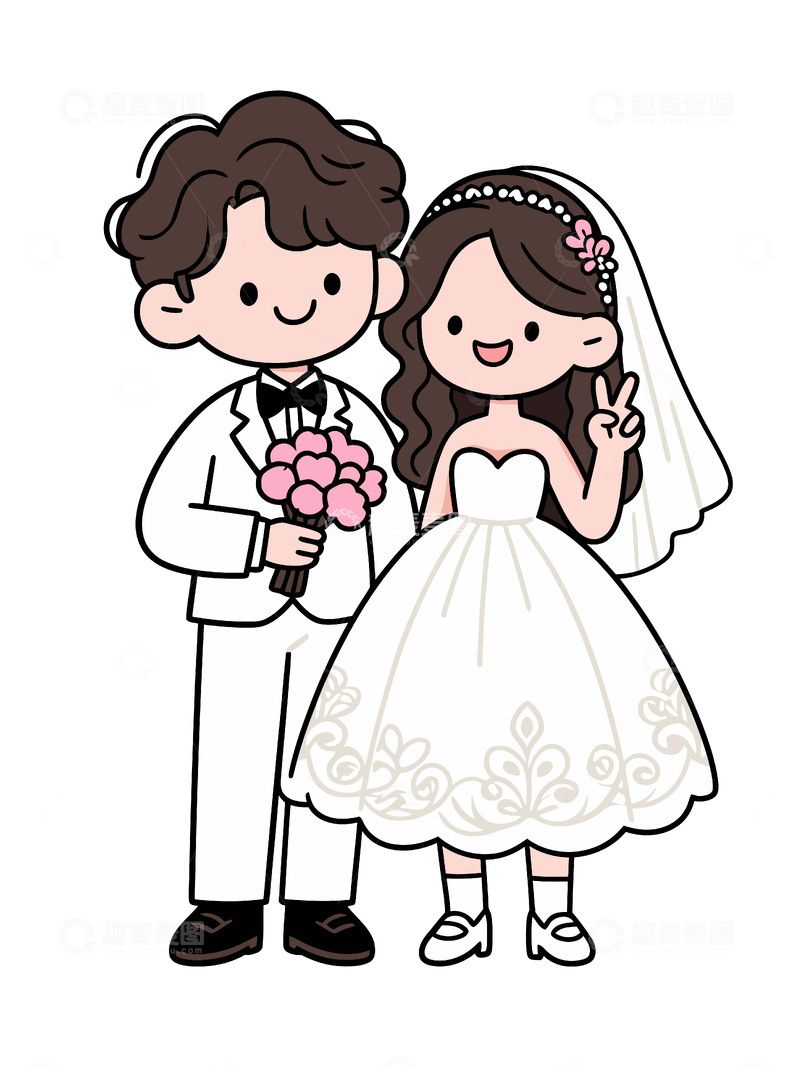 源文件下载【趣麦麦图】卡通婚礼新人插画设计素材白色婚纱