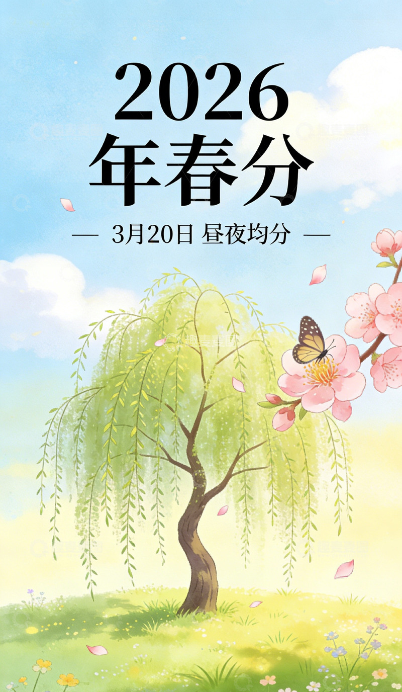 高清大图下载【趣麦麦图】春分插画柳树桃花蝴蝶