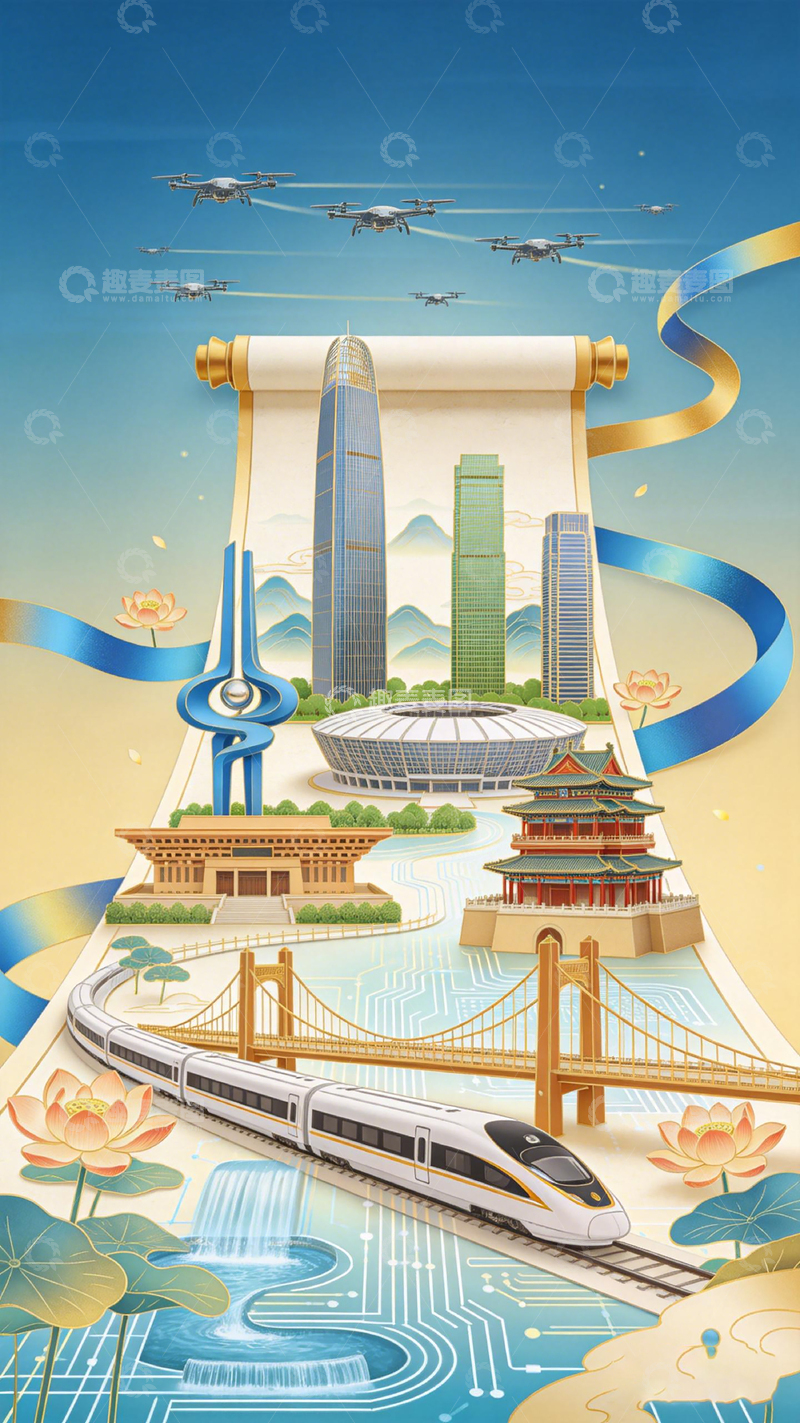 高清大图下载【趣麦麦图】现代城市高铁风光插画