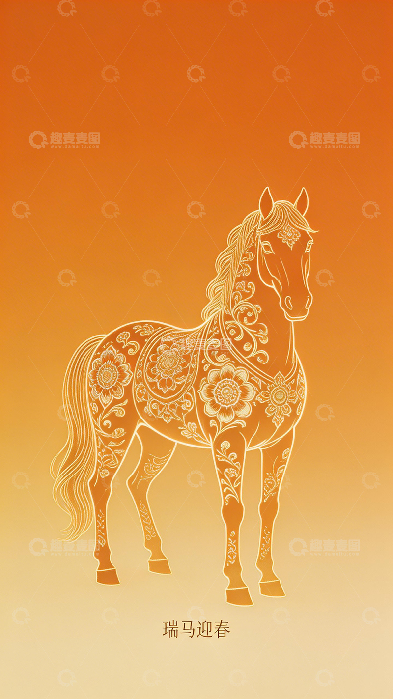 高清大图下载【趣麦麦图】瑞马迎春线描艺术