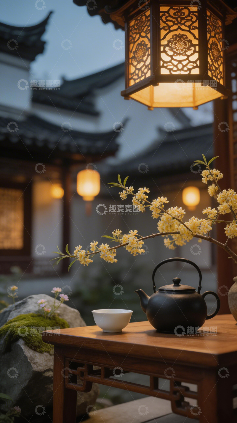 高清大图下载【趣麦麦图】古风庭院茶具梅花夜景