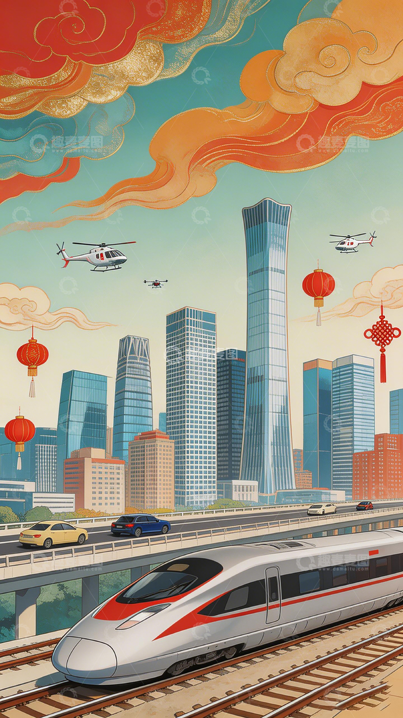 高清大图下载【趣麦麦图】现代城市高铁风光插画