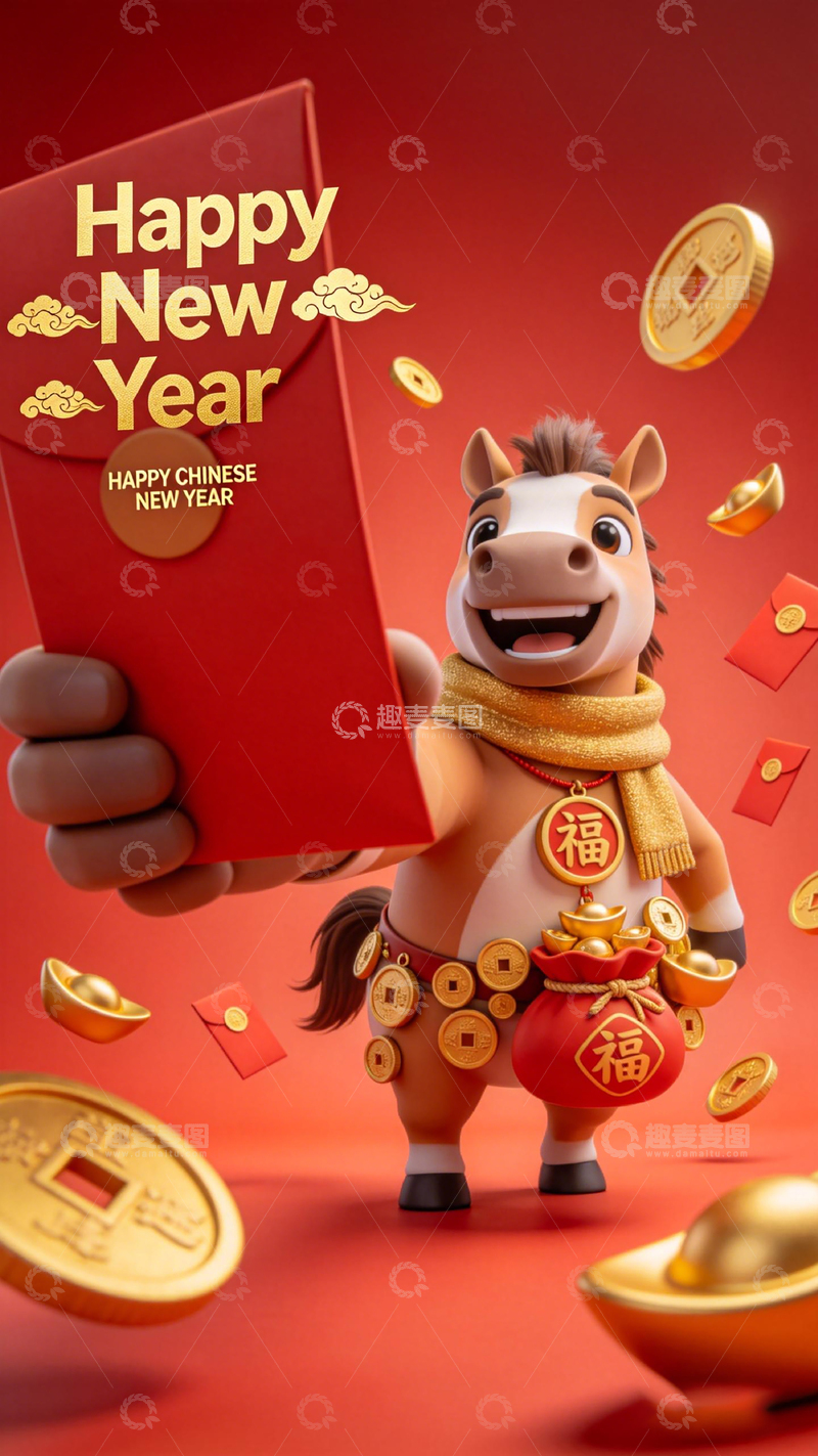 高清大图下载【趣麦麦图】新年卡通马喜庆海报设计素材