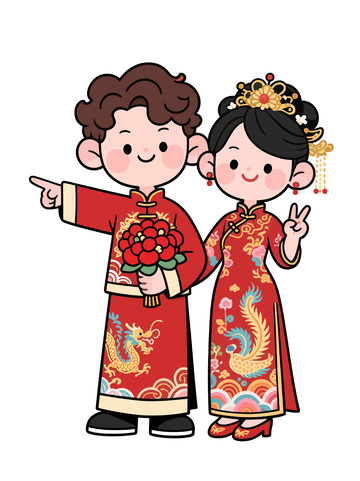 喜庆中式婚礼卡通形象设计素材