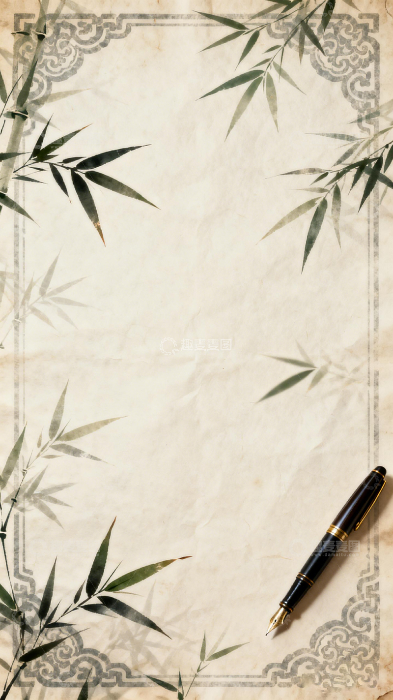 高清大图下载【趣麦麦图】古风竹叶信纸与钢笔
