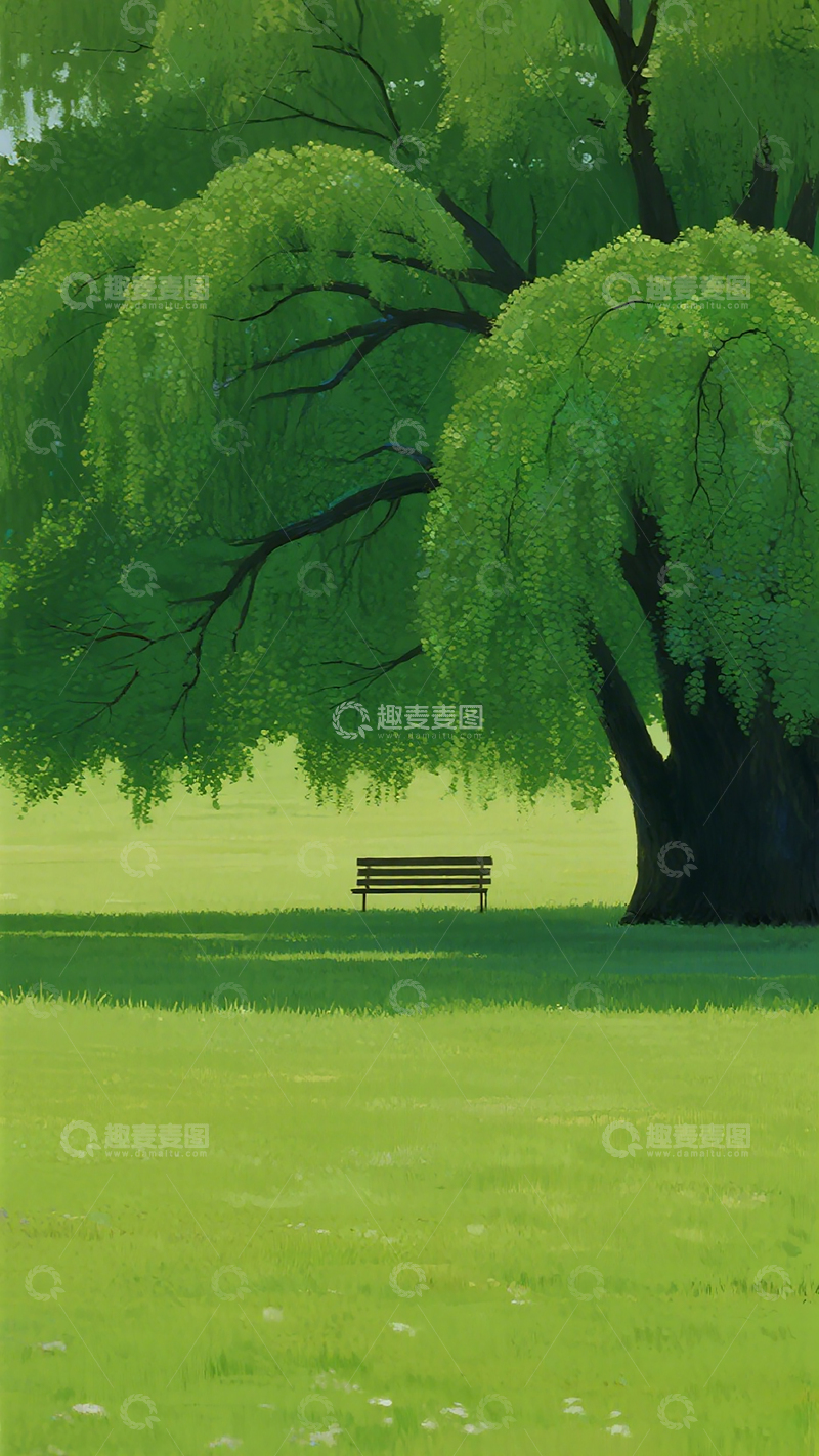 高清大图下载【趣麦麦图】绿意盎然公园长椅插画